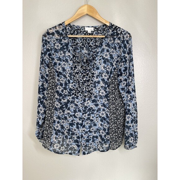 J.Jill Blue Floral Sheer Patchwork Blouse Tie Keyhole Women's Size Medium Petite - Picture 1 of 10
